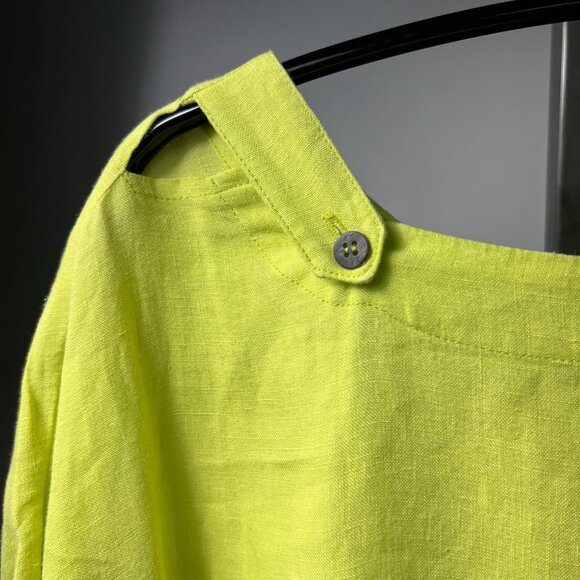 ESKANDAR Long Beachy Dress Short Sleeve Tunic Sz 0 Green Lemon 100% Woven Linen - Picture 3 of 6